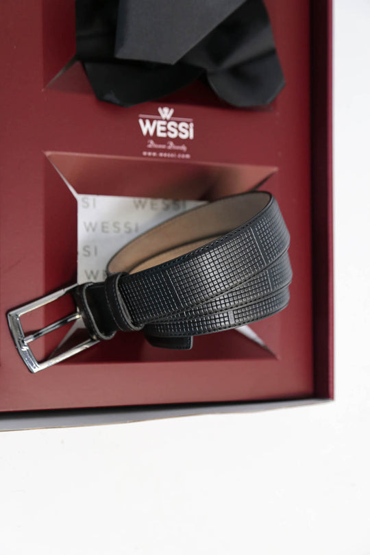The Dapper Gift Box by Wessi – Includes Black Checkered Shirt, Black Tie & Black Belt