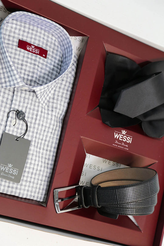 The Dapper Gift Box by Wessi – Includes Black Checkered Shirt, Black Tie & Black Belt