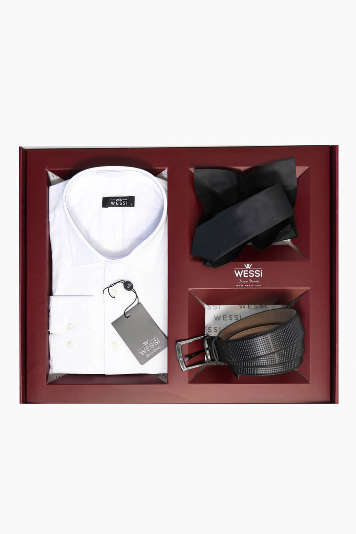 The Dapper Gift Box by Wessi – Includes White Shirt, Black Tie & Black Textured Belt