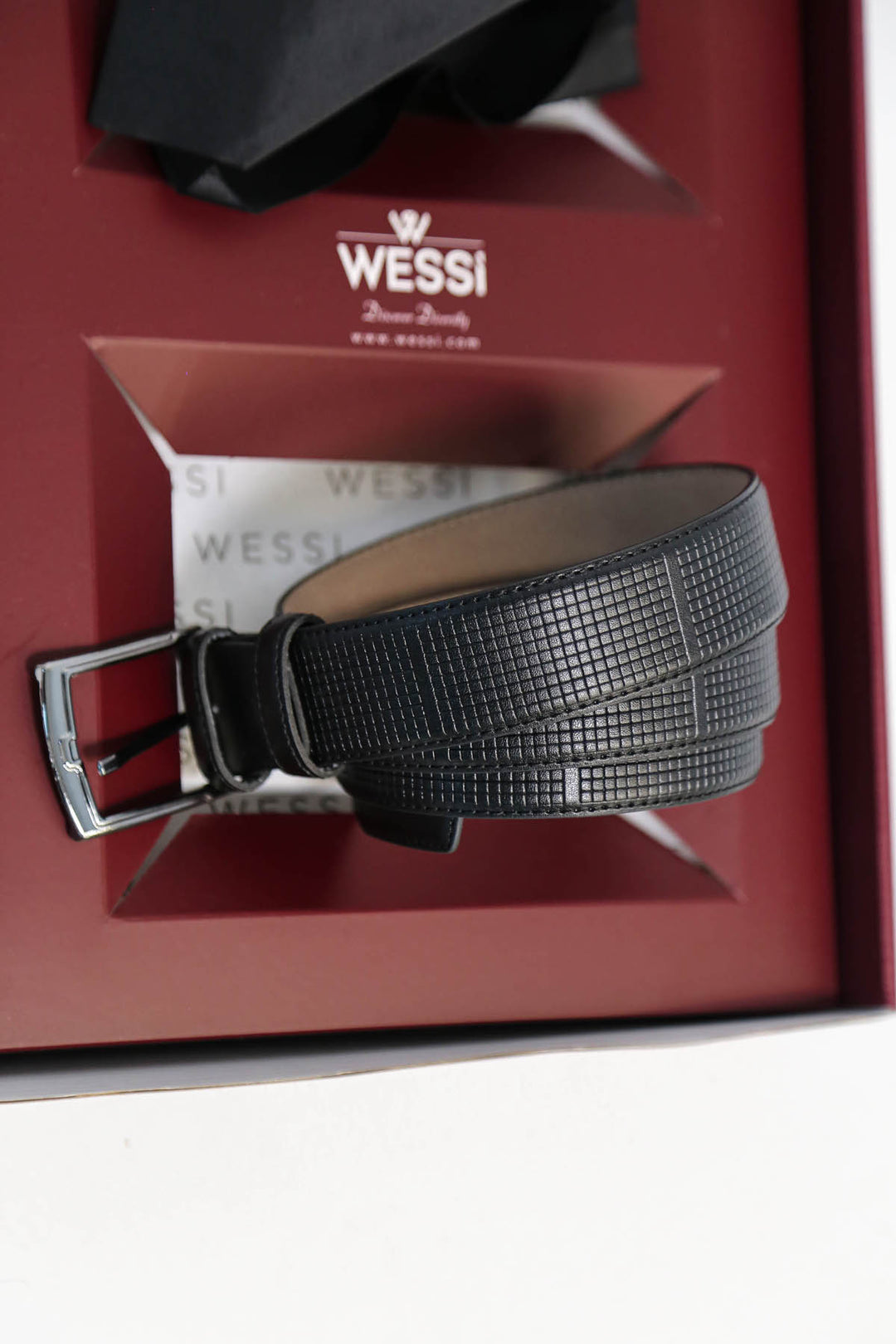 The Dapper Gift Box by Wessi – Includes White Shirt, Black Tie & Black Textured Belt