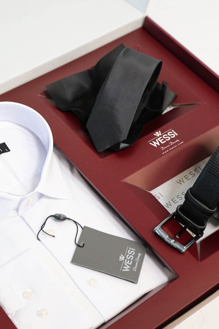 The Dapper Gift Box by Wessi – Includes White Shirt, Black Tie & Black Textured Belt