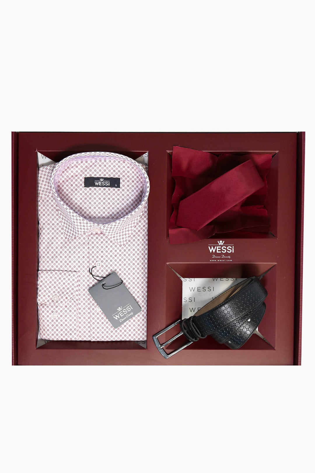 The Dapper Gift Box by Wessi – Includes Light Pink Geometric Shirt, Burgundy Tie & Textured Black Belt