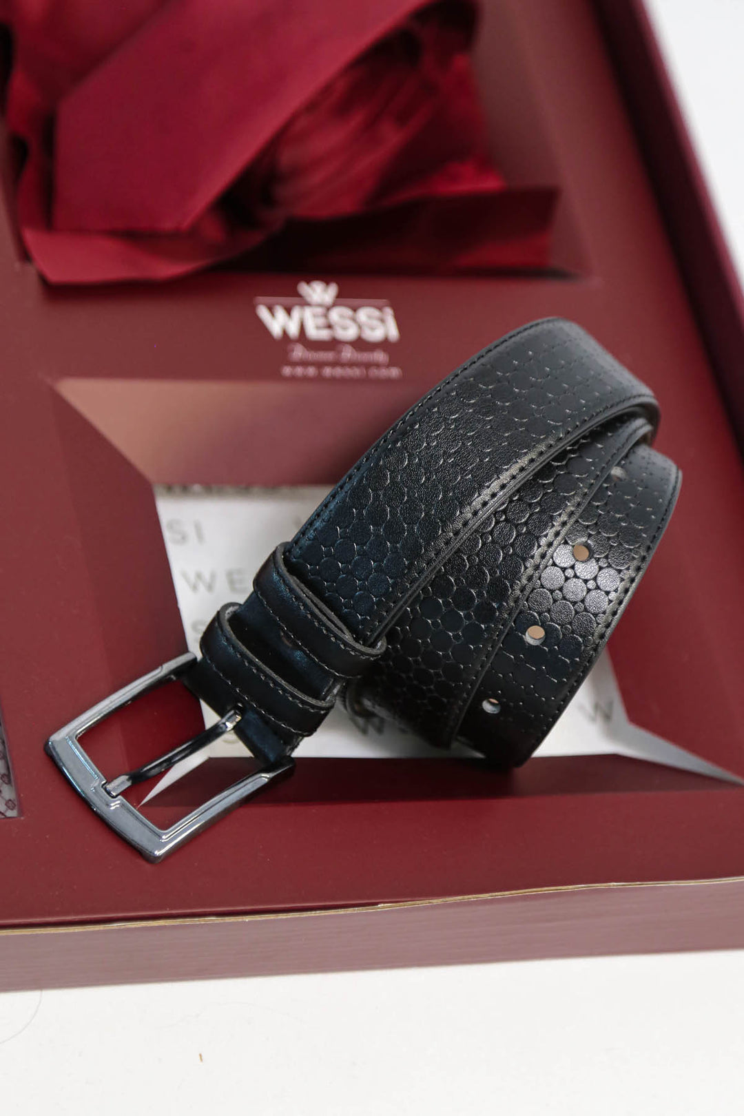 The Dapper Gift Box by Wessi – Includes Light Pink Geometric Shirt, Burgundy Tie & Textured Black Belt