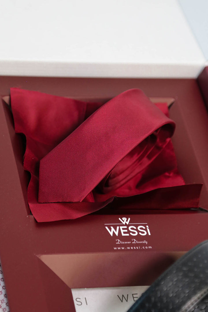 The Dapper Gift Box by Wessi – Includes Light Pink Geometric Shirt, Burgundy Tie & Textured Black Belt