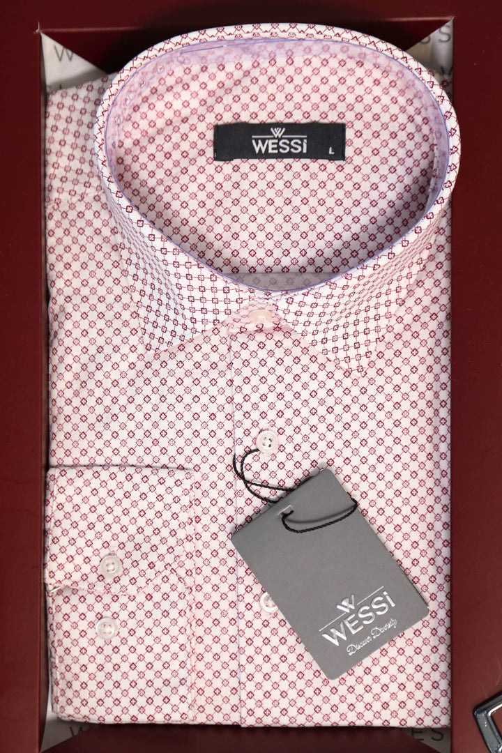 The Dapper Gift Box by Wessi – Includes Light Pink Geometric Shirt, Burgundy Tie & Textured Black Belt