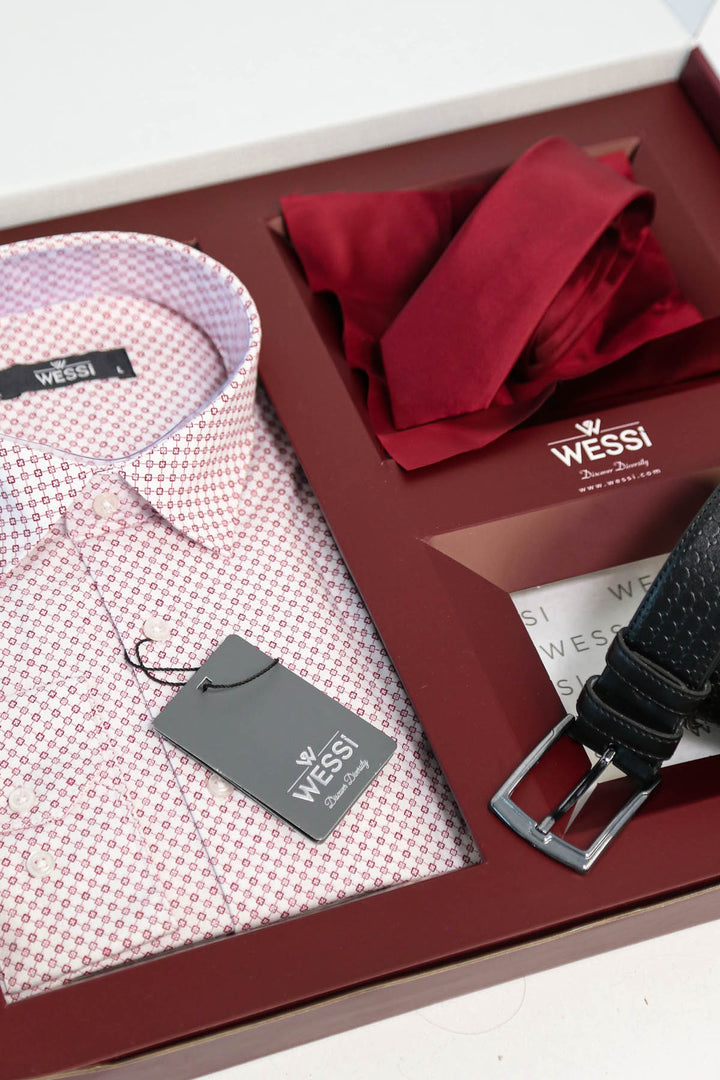The Dapper Gift Box by Wessi – Includes Light Pink Geometric Shirt, Burgundy Tie & Textured Black Belt