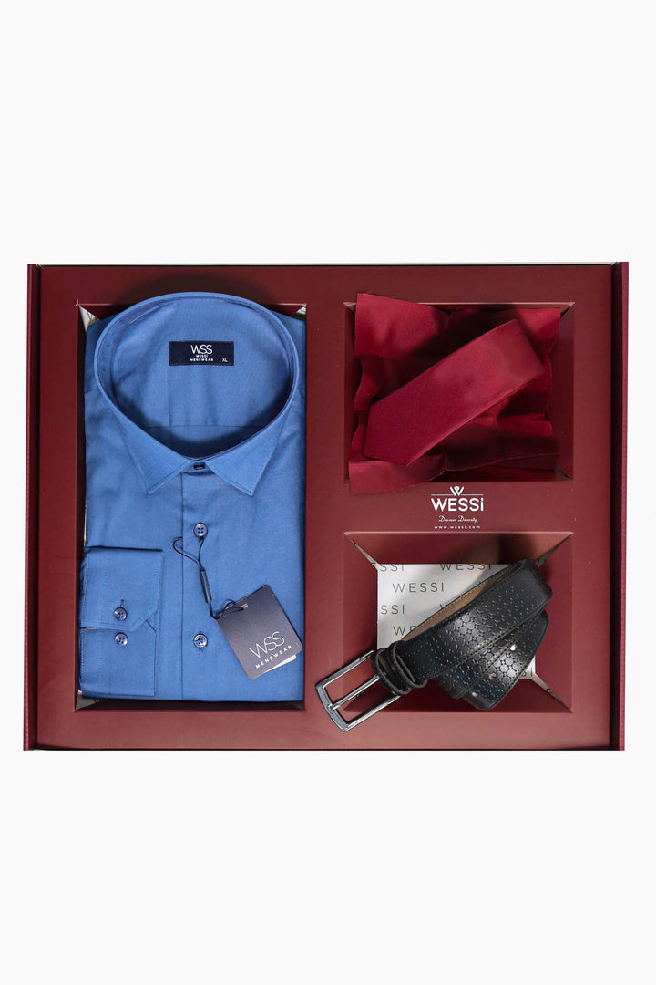 The Dapper Gift Box by Wessi – Includes Sky Blue Shirt, Burgundy Tie & Textured Black Belt