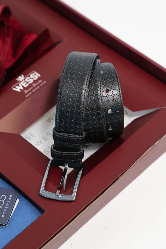 The Dapper Gift Box by Wessi – Includes Sky Blue Shirt, Burgundy Tie & Textured Black Belt