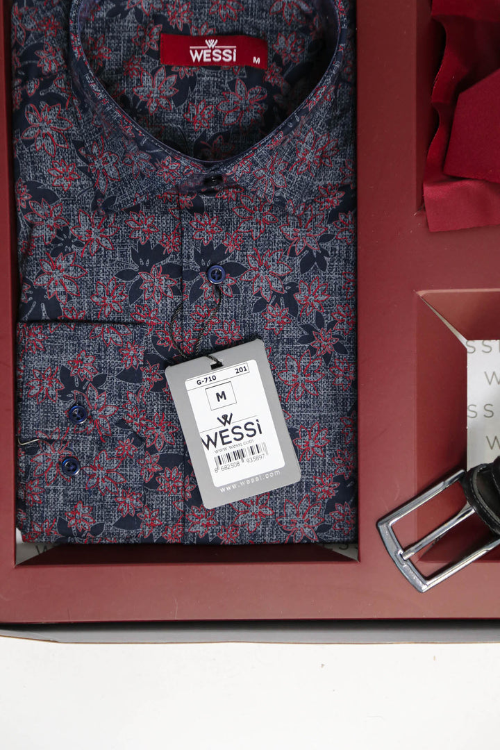 The Dapper Gift Box by Wessi – Includes Navy Floral Shirt, Burgundy Tie & Black Textured Belt