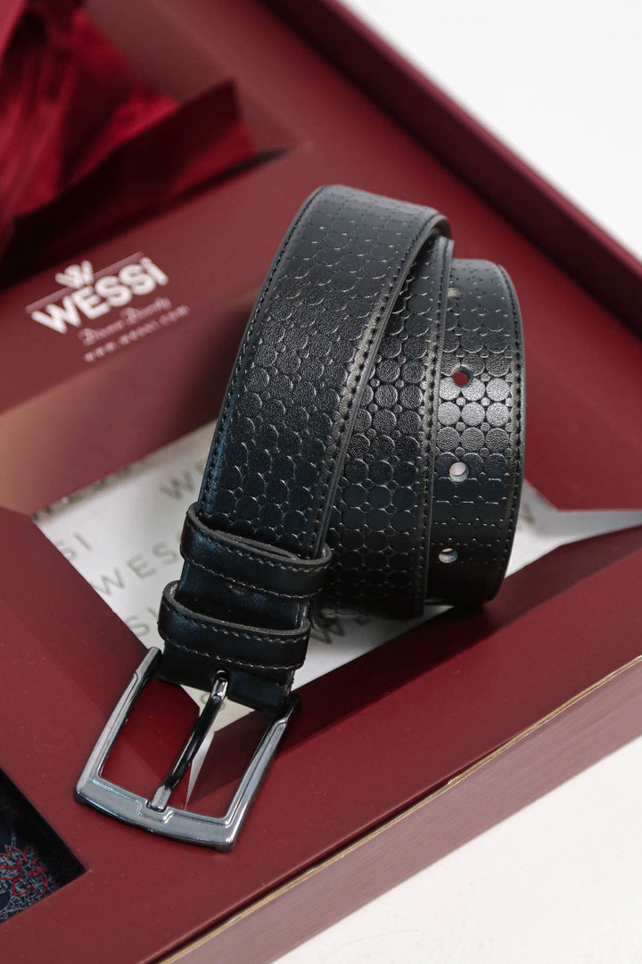 The Dapper Gift Box by Wessi – Includes Navy Floral Shirt, Burgundy Tie & Black Textured Belt