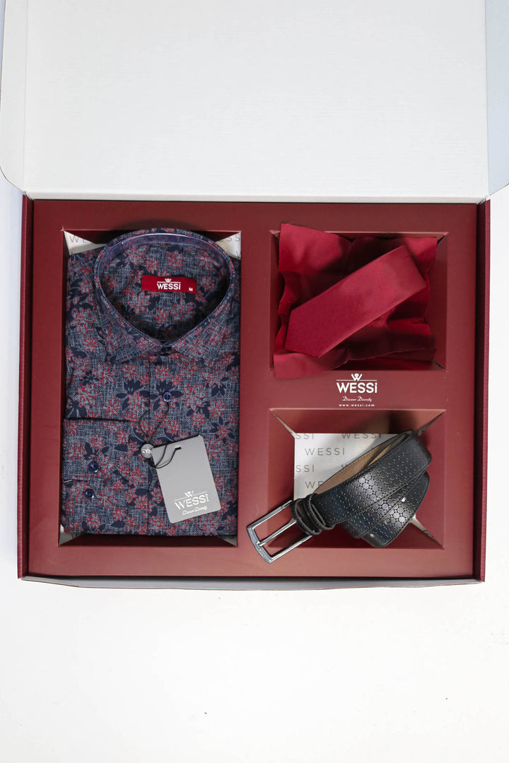 The Dapper Gift Box by Wessi – Includes Navy Floral Shirt, Burgundy Tie & Black Textured Belt