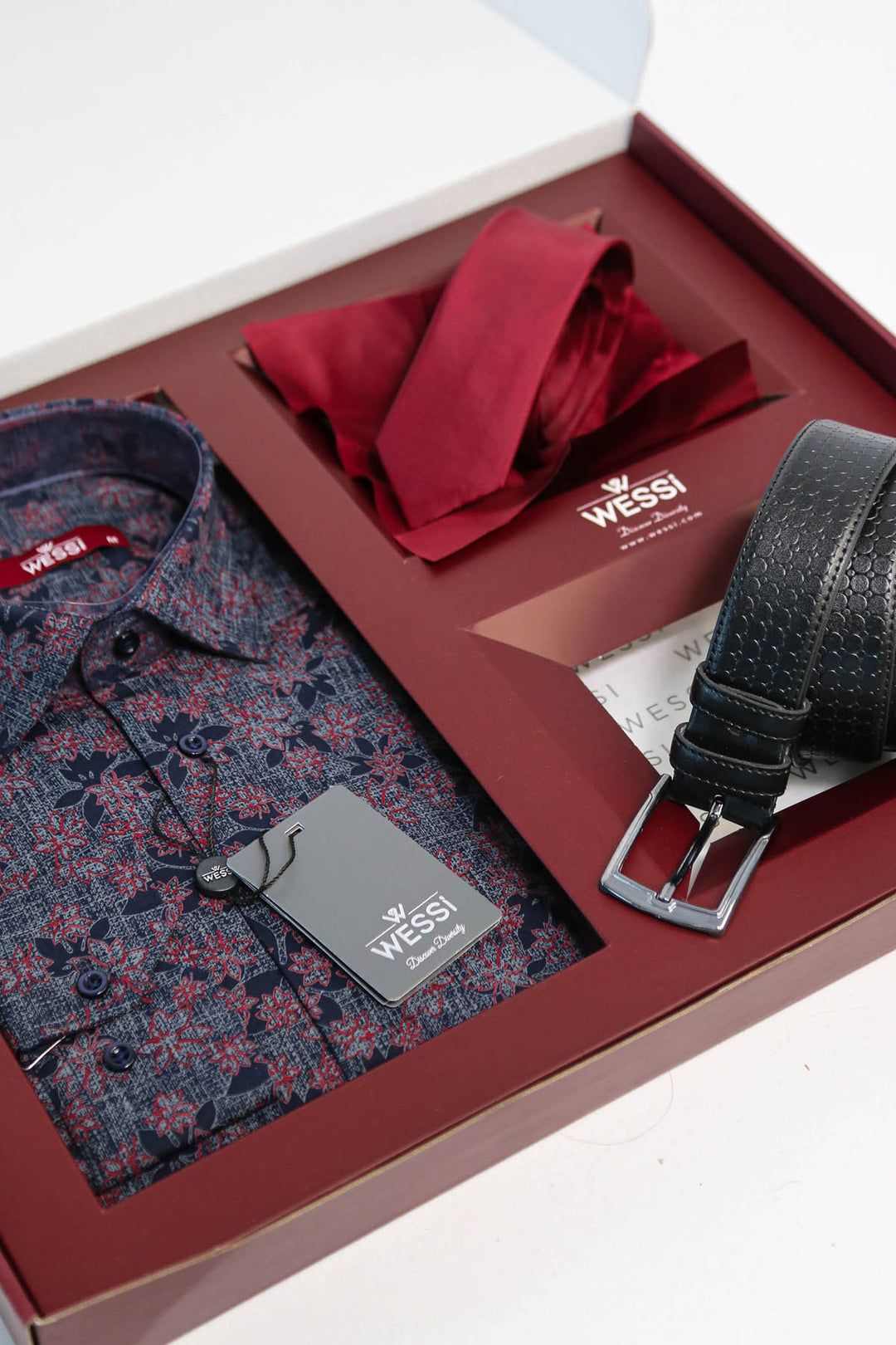 The Dapper Gift Box by Wessi – Includes Navy Floral Shirt, Burgundy Tie & Black Textured Belt