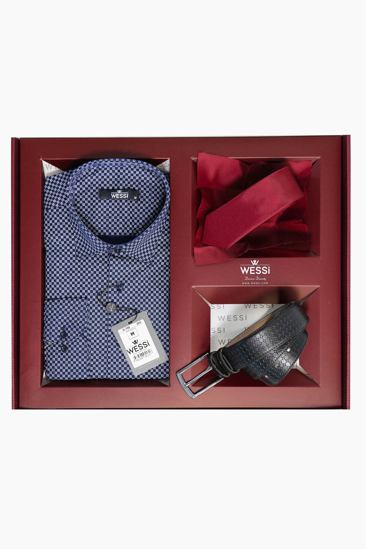 The Dapper Gift Box by Wessi – Includes Blue Tiny-Check Shirt, Burgundy Tie; Black Textured Belt