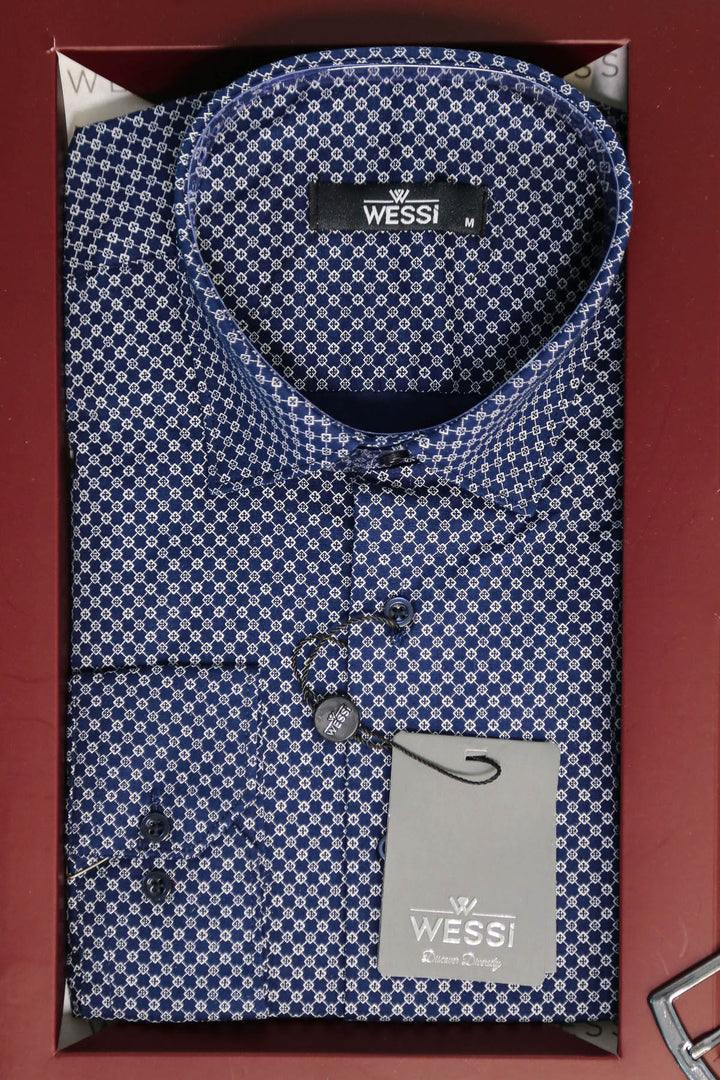 The Dapper Gift Box by Wessi – Includes Blue Tiny-Check Shirt, Burgundy Tie; Black Textured Belt