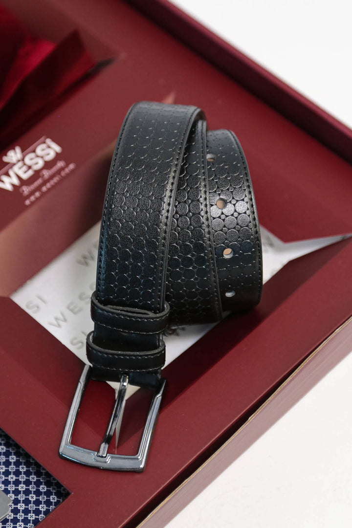 The Dapper Gift Box by Wessi – Includes Blue Tiny-Check Shirt, Burgundy Tie; Black Textured Belt