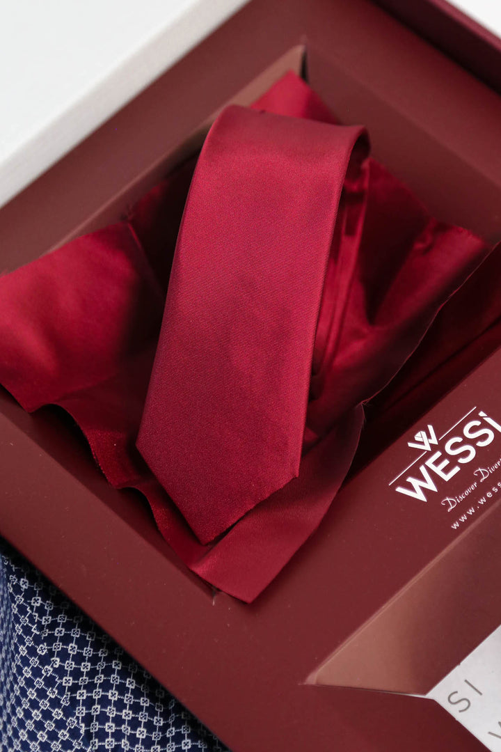 The Dapper Gift Box by Wessi – Includes Blue Tiny-Check Shirt, Burgundy Tie; Black Textured Belt