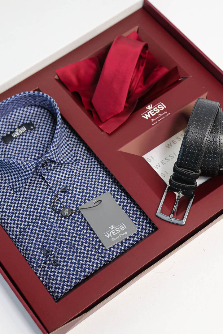 The Dapper Gift Box by Wessi – Includes Blue Tiny-Check Shirt, Burgundy Tie; Black Textured Belt