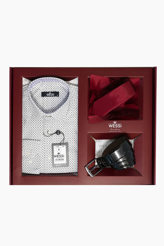The Dapper Gift Box by Wessi – Includes White Mini Check Shirt, Burgundy Tie; Black Belt