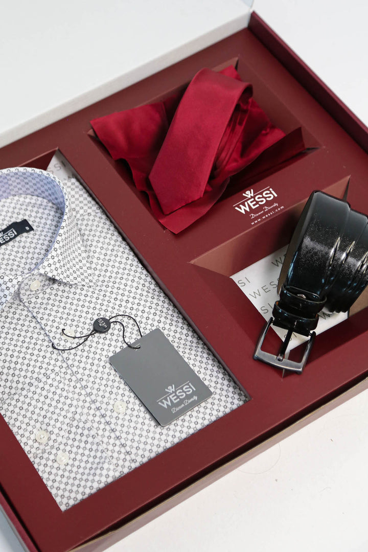 The Dapper Gift Box by Wessi – Includes White Mini Check Shirt, Burgundy Tie; Black Belt