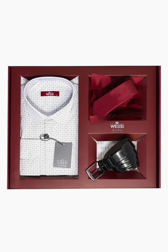 The Dapper Gift Box by Wessi – Includes Ecru Houndstooth Shirt, Burgundy Tie & Black Belt