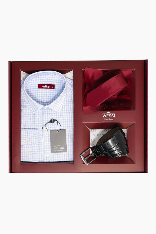 The Dapper Gift Box by Wessi – Includes Ice Blue Check Shirt, Burgundy Tie & Black Belt