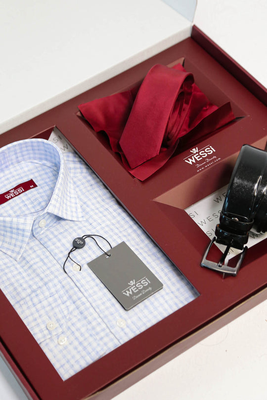 The Dapper Gift Box by Wessi – Includes Ice Blue Check Shirt, Burgundy Tie & Black Belt