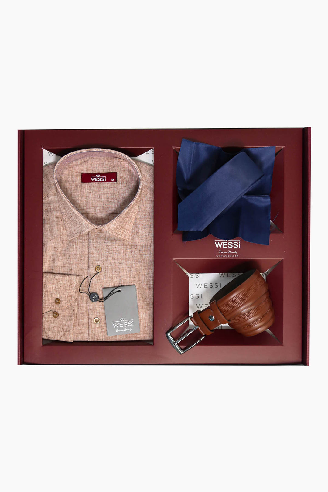 The Dapper Gift Box by Wessi – Includes Beige Textured Shirt, Navy Tie & Tan Belt