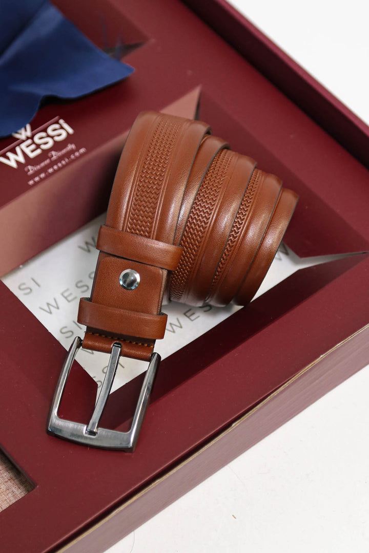The Dapper Gift Box by Wessi – Includes Beige Textured Shirt, Navy Tie & Tan Belt