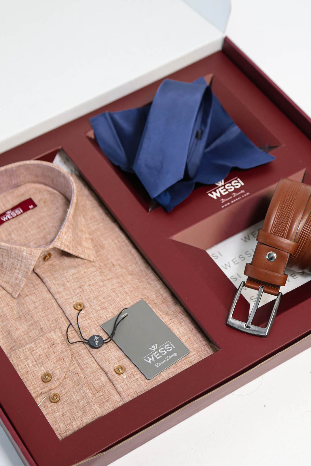 The Dapper Gift Box by Wessi – Includes Beige Textured Shirt, Navy Tie & Tan Belt