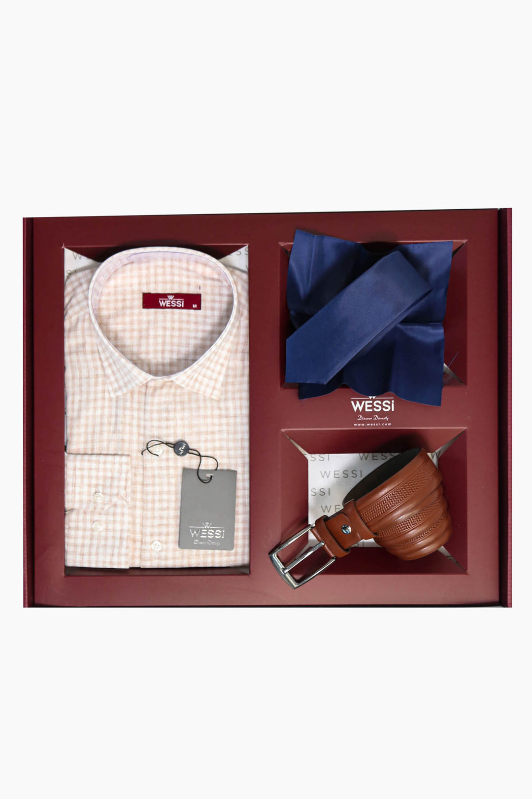 The Dapper Gift Box by Wessi – Includes Cream Check Shirt, Navy Tie & Tan Belt