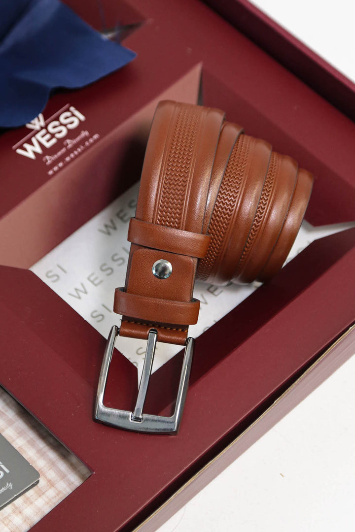 The Dapper Gift Box by Wessi – Includes Cream Check Shirt, Navy Tie & Tan Belt