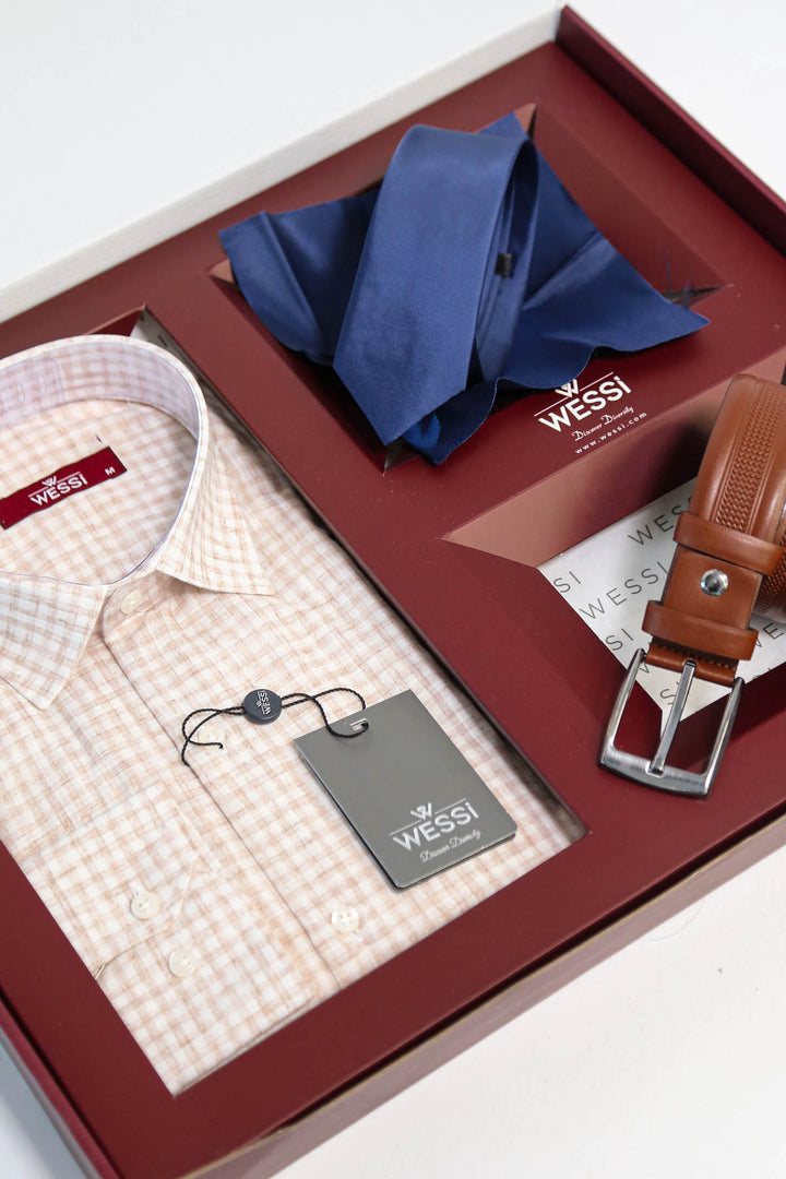 The Dapper Gift Box by Wessi – Includes Cream Check Shirt, Navy Tie & Tan Belt