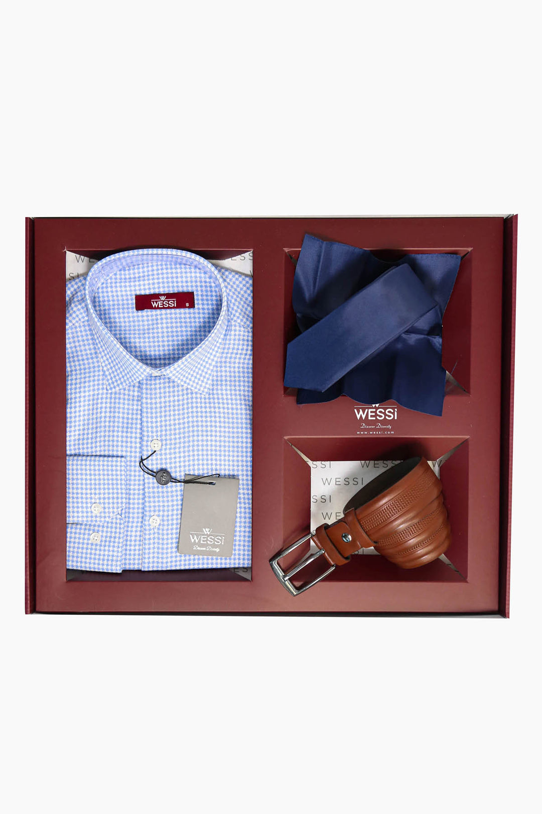 The Dapper Gift Box by Wessi – Includes Ice Blue Houndstooth Shirt, Navy Tie & Tan Belt