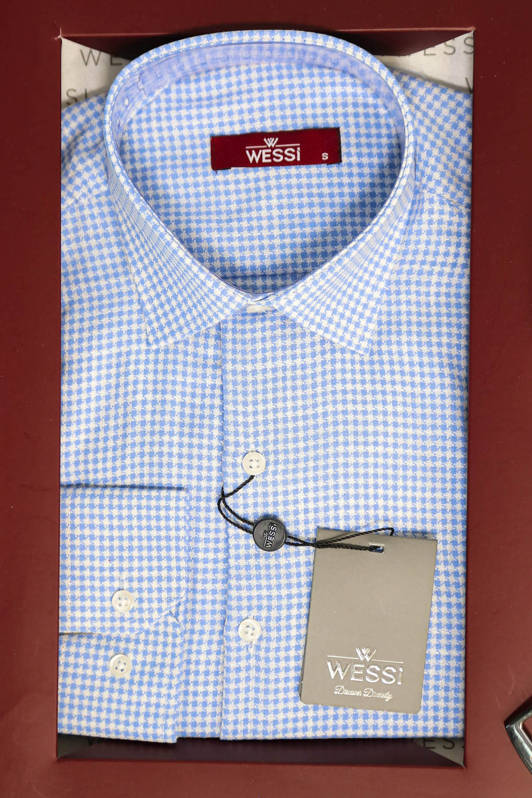 The Dapper Gift Box by Wessi – Includes Ice Blue Houndstooth Shirt, Navy Tie & Tan Belt