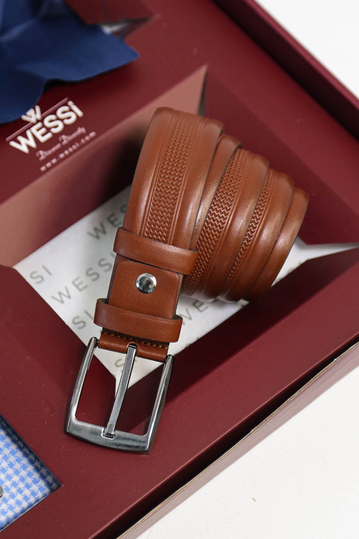 The Dapper Gift Box by Wessi – Includes Ice Blue Houndstooth Shirt, Navy Tie & Tan Belt