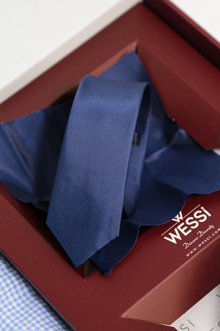 The Dapper Gift Box by Wessi – Includes Ice Blue Houndstooth Shirt, Navy Tie & Tan Belt