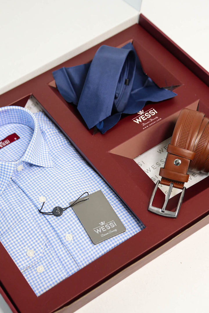 The Dapper Gift Box by Wessi – Includes Ice Blue Houndstooth Shirt, Navy Tie & Tan Belt