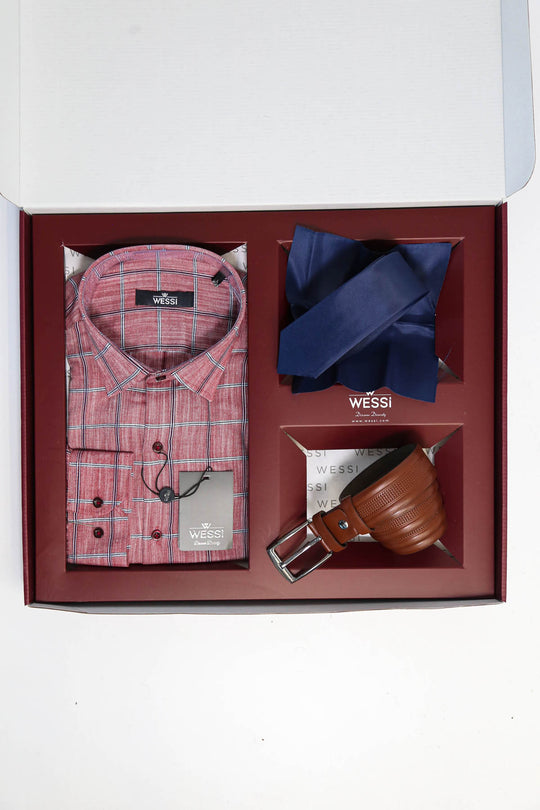 The Dapper Gift Box by Wessi – Includes Burgundy Plaid Shirt, Navy Tie & Tan Textured Belt