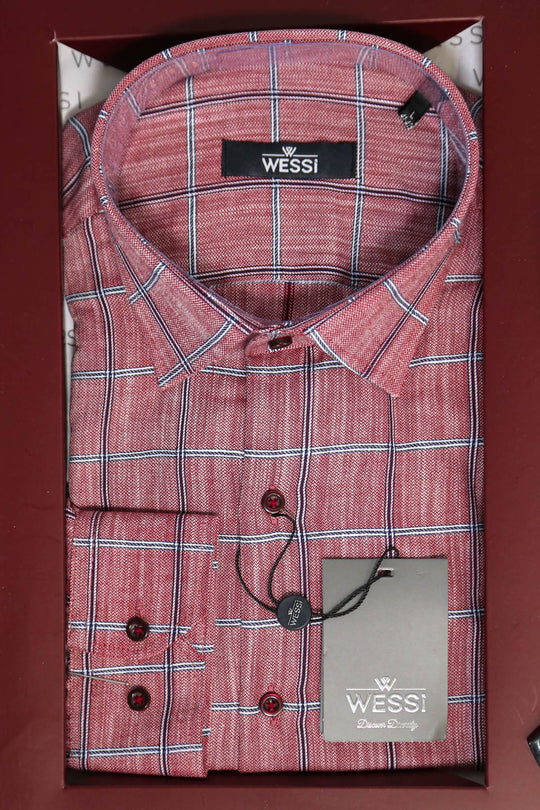 The Dapper Gift Box by Wessi – Includes Burgundy Plaid Shirt, Navy Tie & Tan Textured Belt