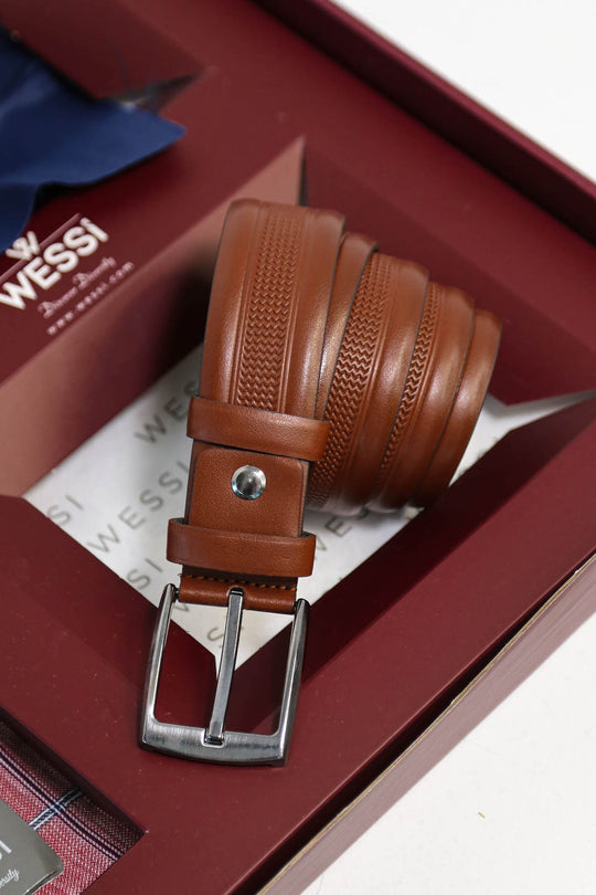 The Dapper Gift Box by Wessi – Includes Burgundy Plaid Shirt, Navy Tie & Tan Textured Belt