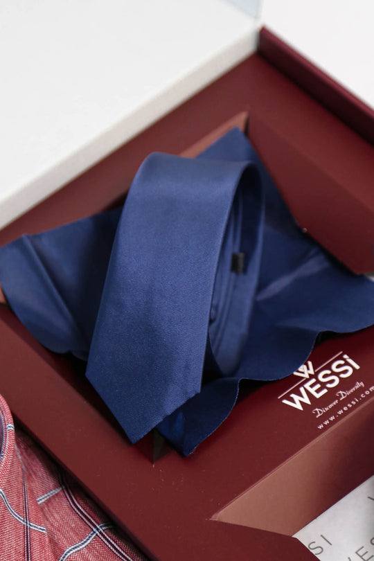 The Dapper Gift Box by Wessi – Includes Burgundy Plaid Shirt, Navy Tie & Tan Textured Belt