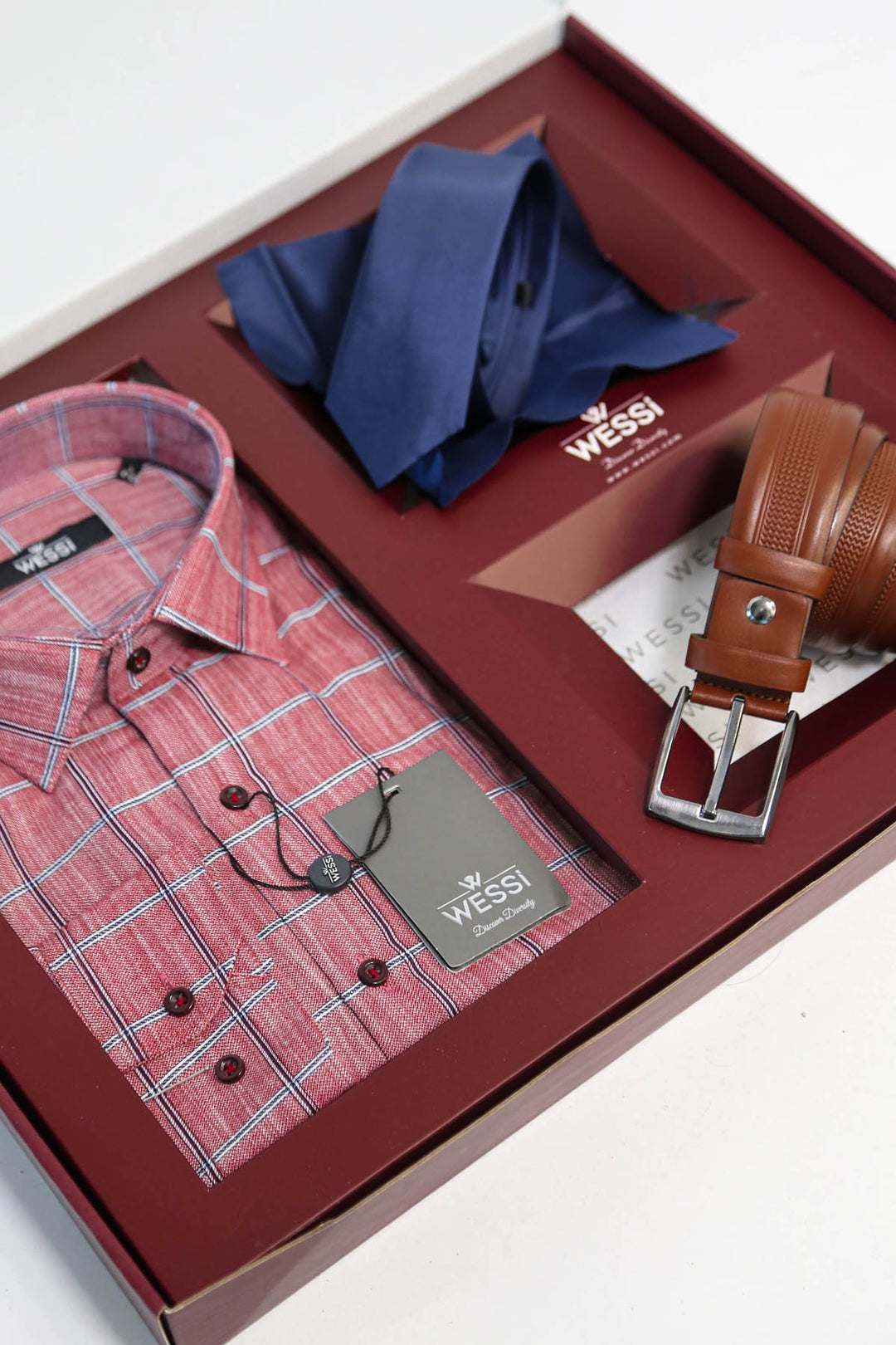 The Dapper Gift Box by Wessi – Includes Burgundy Plaid Shirt, Navy Tie & Tan Textured Belt