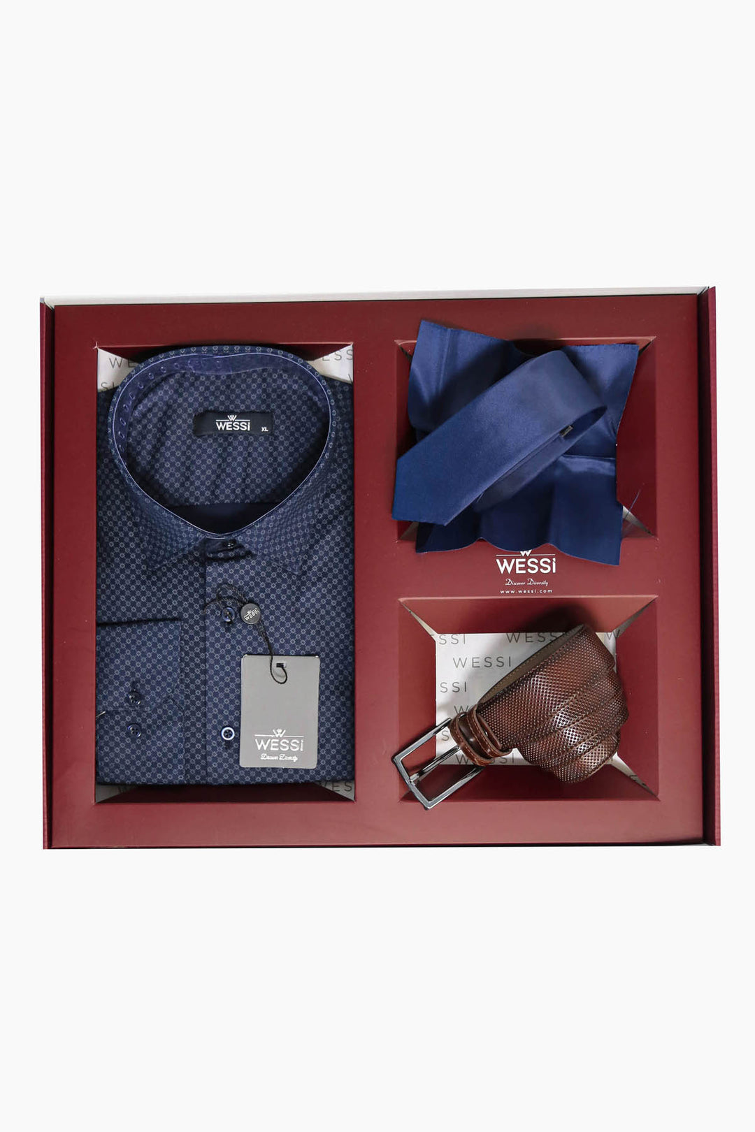 The Dapper Gift Box by Wessi – Includes Navy Mini Check Shirt, Navy Tie & Brown Belt