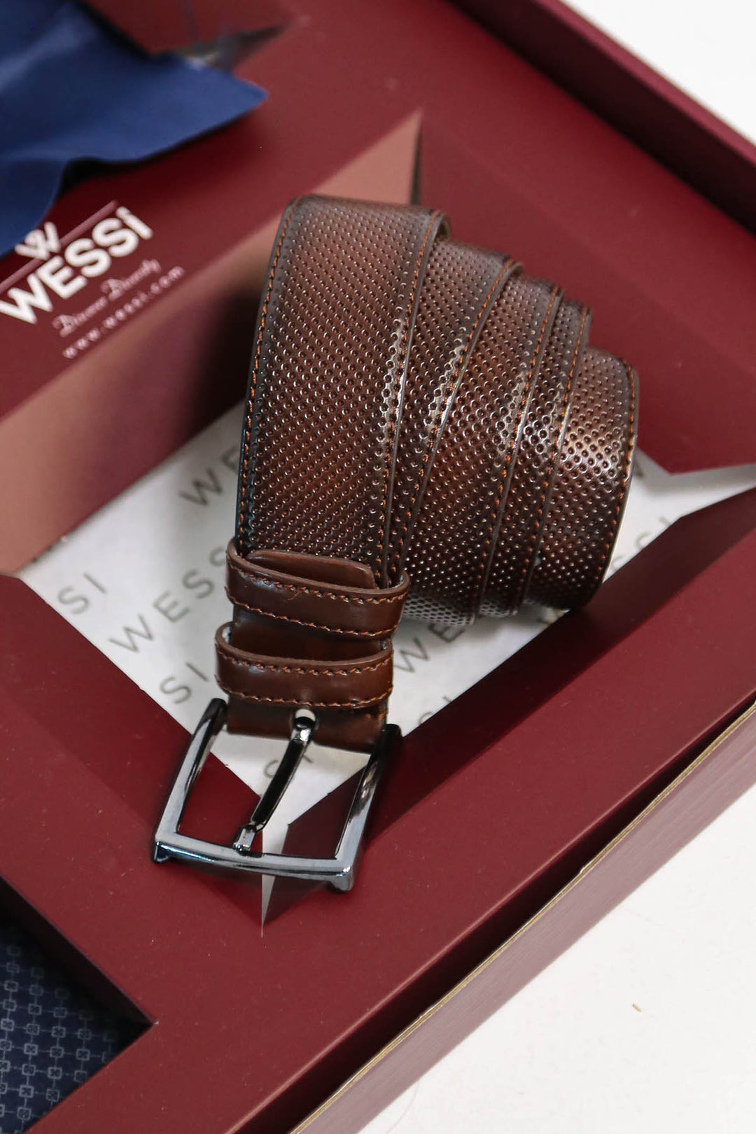 The Dapper Gift Box by Wessi – Includes Navy Mini Check Shirt, Navy Tie & Brown Belt