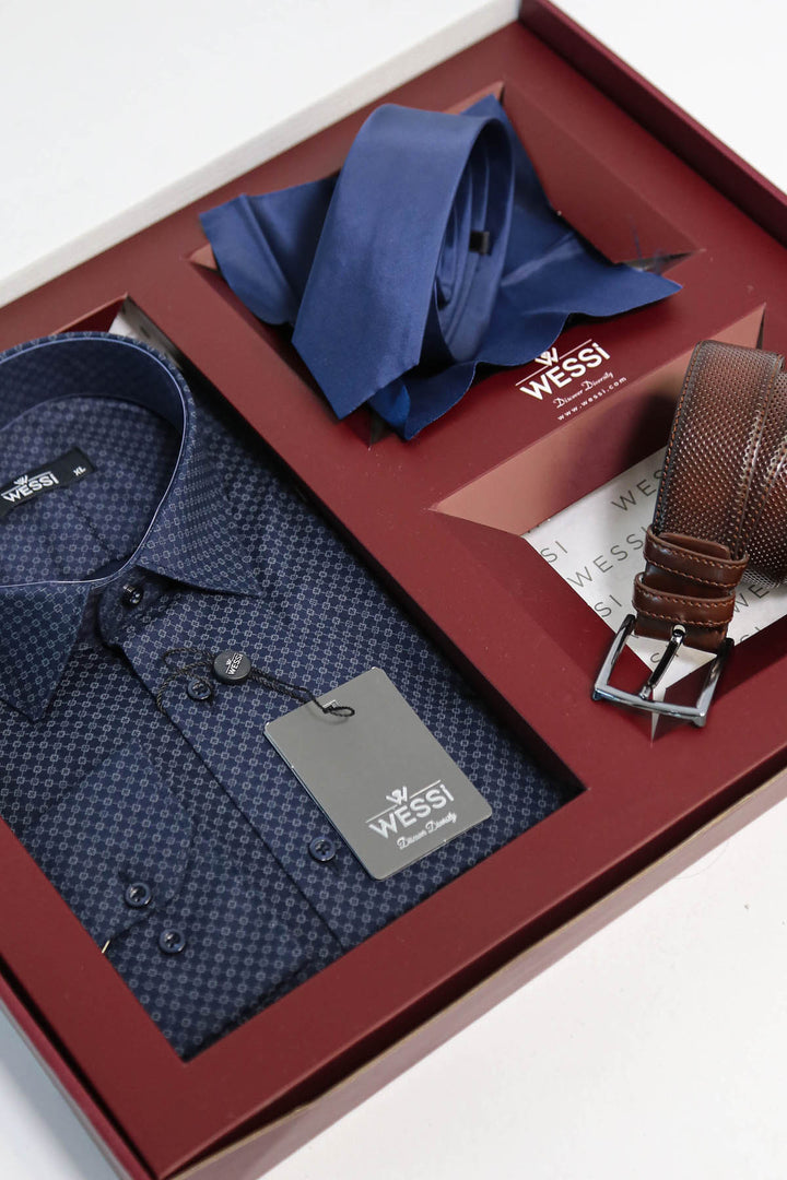 The Dapper Gift Box by Wessi – Includes Navy Mini Check Shirt, Navy Tie & Brown Belt