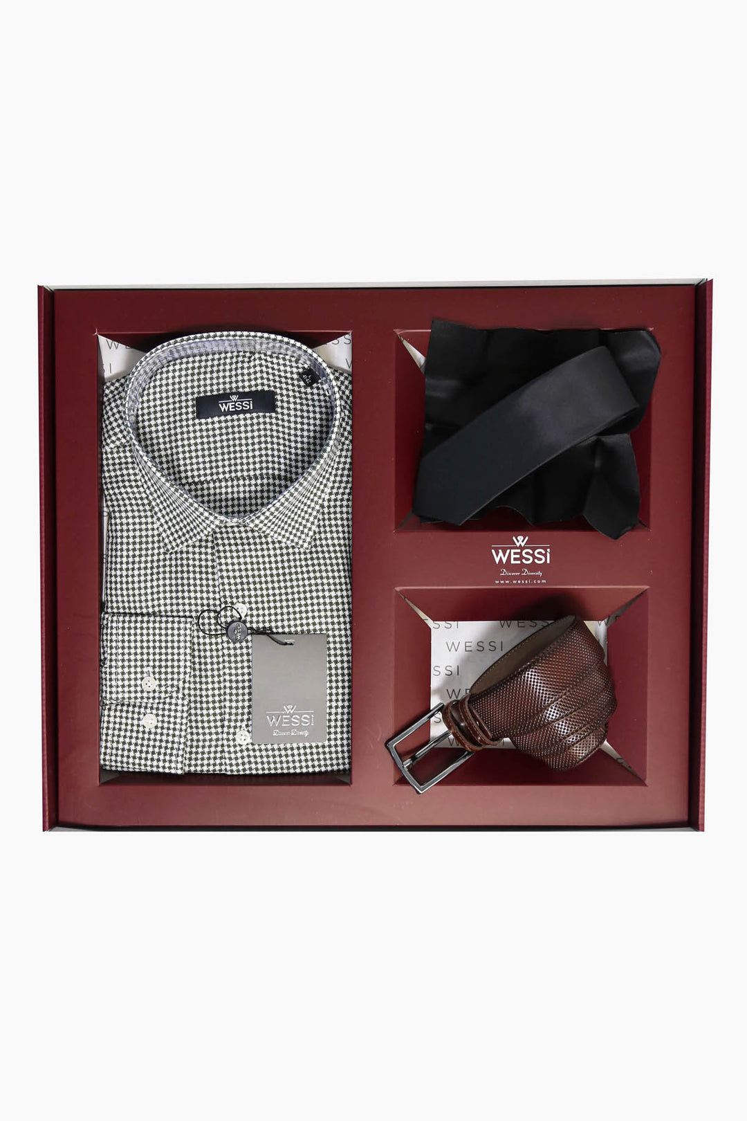 The Dapper Gift Box by Wessi – Includes Green Houndstooth Shirt, Black Tie & Brown Belt