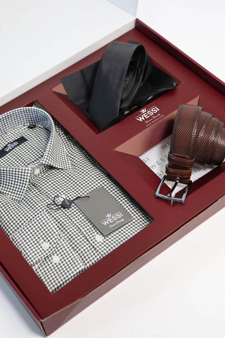 The Dapper Gift Box by Wessi – Includes Green Houndstooth Shirt, Black Tie & Brown Belt