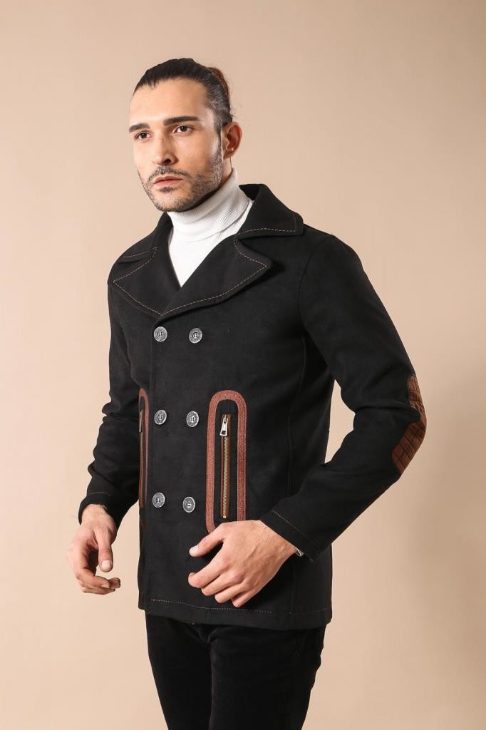 Manteau marron brodé à 6 boutons avec bord de poche-Wessi