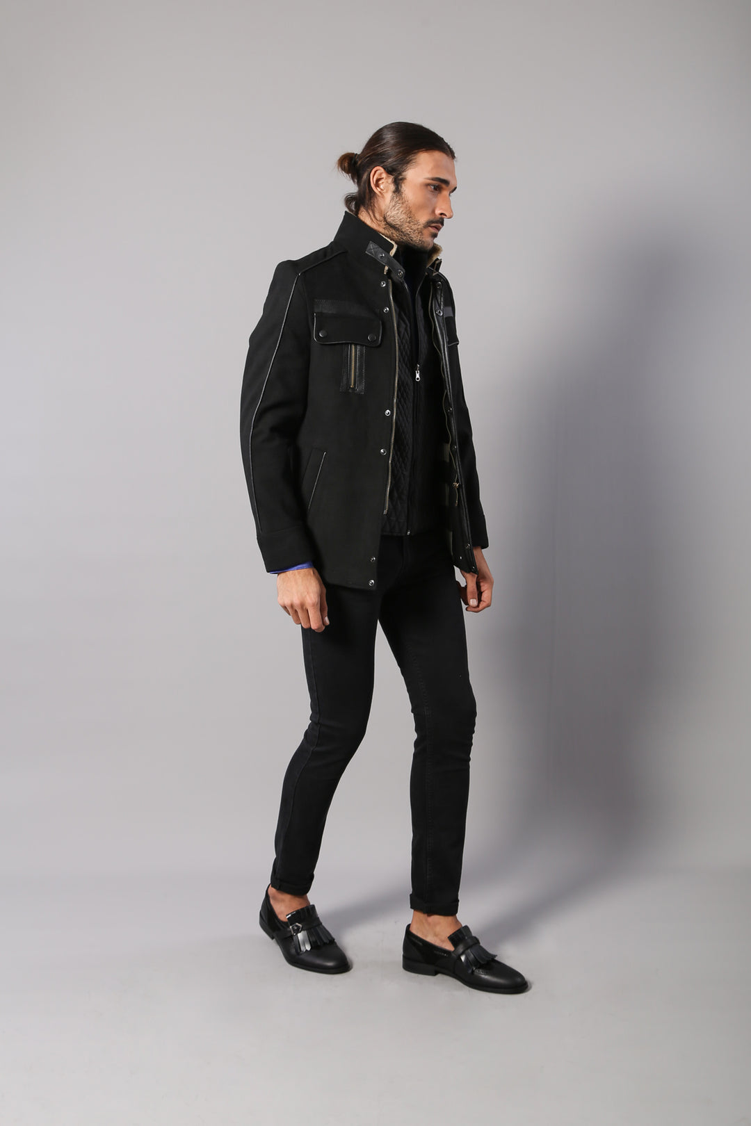 Manteau Homme Noir Col Fourrure 4 Poches - Wessi