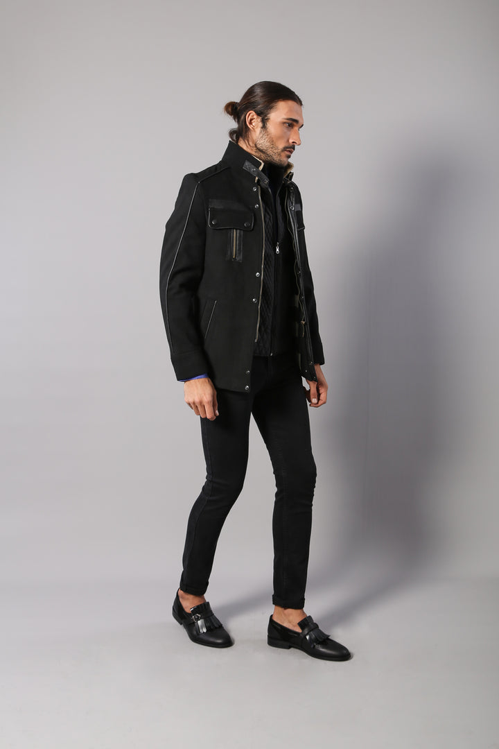 Manteau Homme Noir Col Fourrure 4 Poches - Wessi